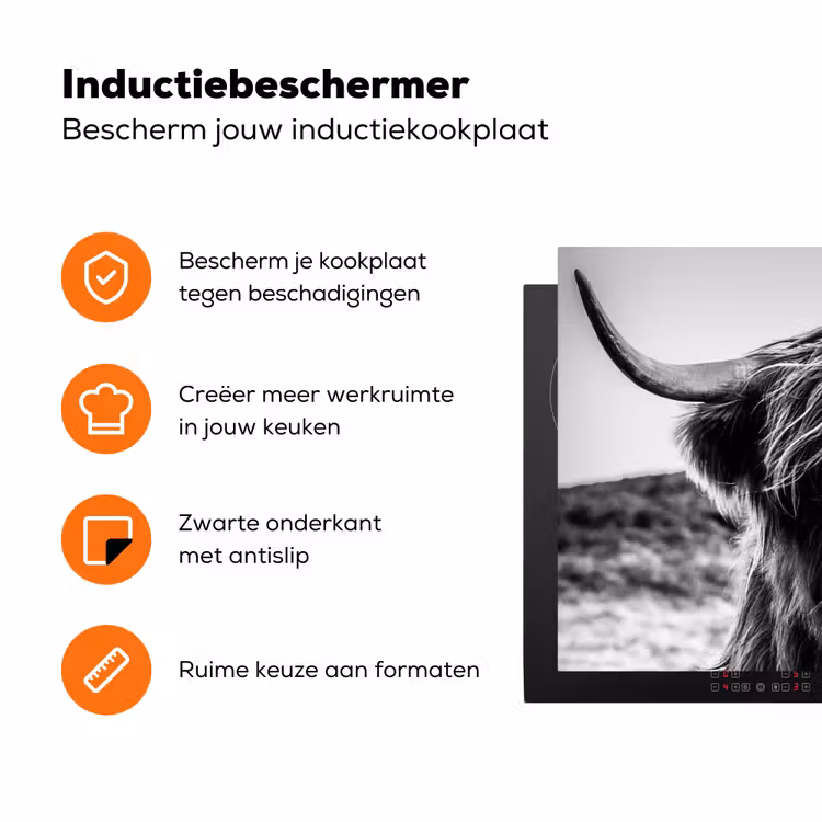 Koe - Schotse hooglander - Zwart - Wit - Dier - Natuur - Wild Inductie beschermer vinyl 3mm klein -zzzzzzz-td-ups