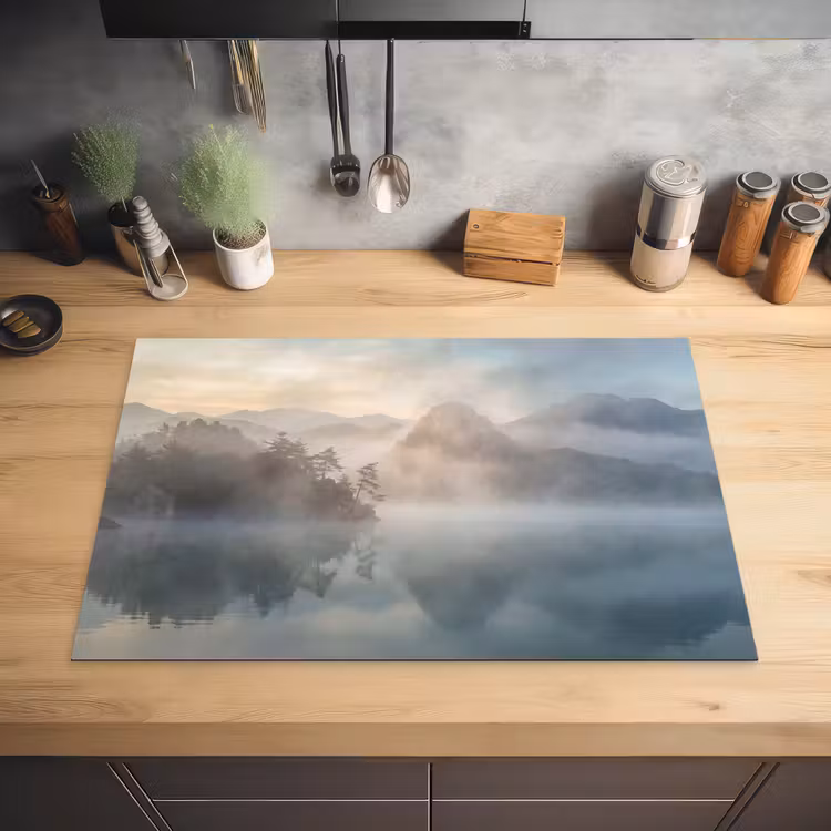 Landschap - Bergen - Mist - Water - Natuur Inductie beschermer vinyl 3mm klein -sfeer5