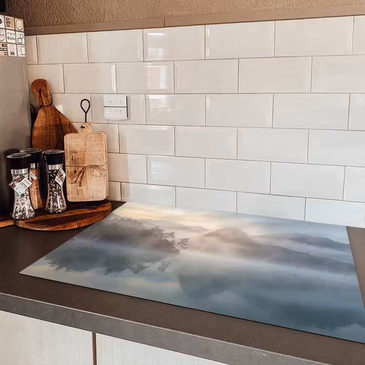 Landschap - Bergen - Mist - Water - Natuur Inductie beschermer vinyl 3mm klein -sfeer3