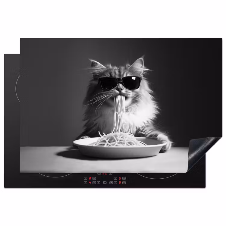 Langharige kat - Zonnebril - Spaghetti - Humor - Zwart - wit Inductie beschermer vinyl 3mm klein -3d