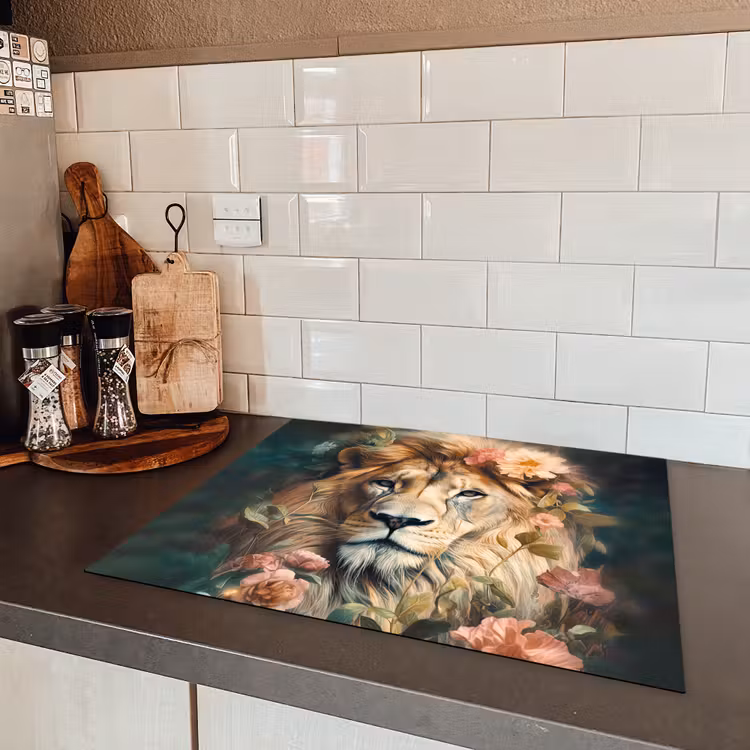 Leeuw - Leeuwenkop - Wilde dieren - Bloemen Inductie beschermer vinyl 3mm groot -sfeer3