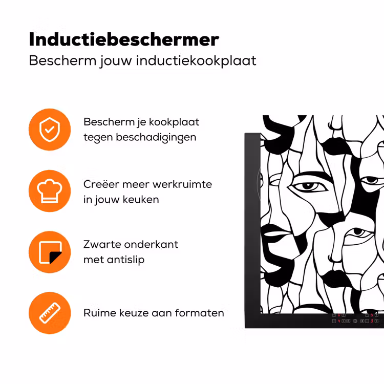 Lijnen - Gezichten - Zwart - Wit Inductie beschermer vinyl 3mm klein 276 -zzzzzzz-td-ups