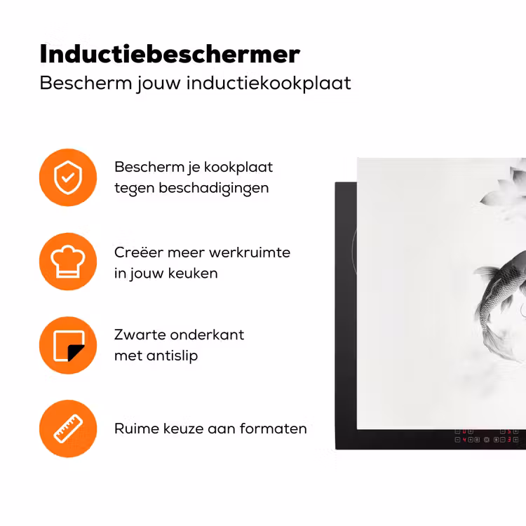 Lotusbloemen - Vissen - Bladeren - Zwart Inductie beschermer vinyl 3mm klein -zzzzzzz-td-ups