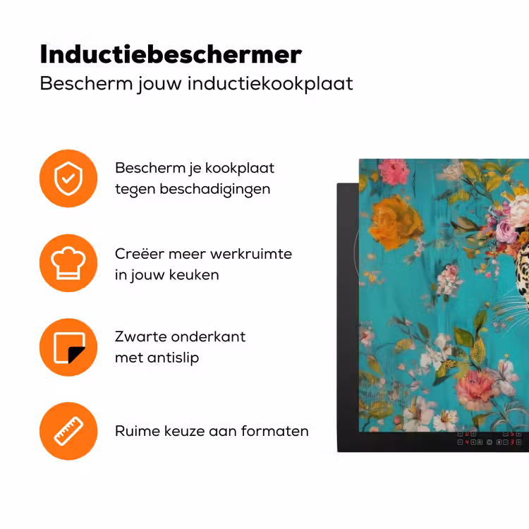Luipaard - Bloemen - Kroon Inductie beschermer vinyl 3mm klein -zzzzzzz-td-ups
