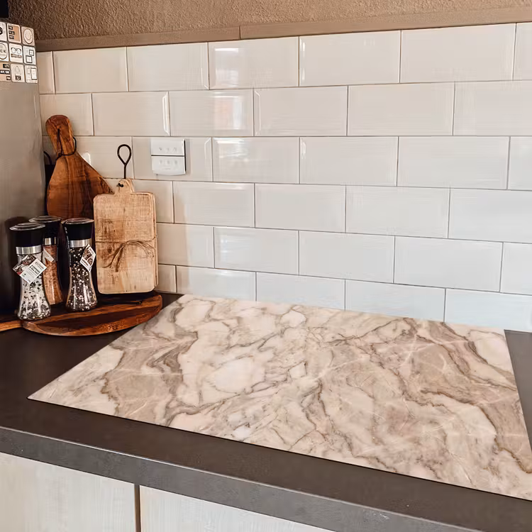 Marmer - Aderen - Textuur - Beige - Modern Inductie beschermer vinyl 3mm klein -sfeer3