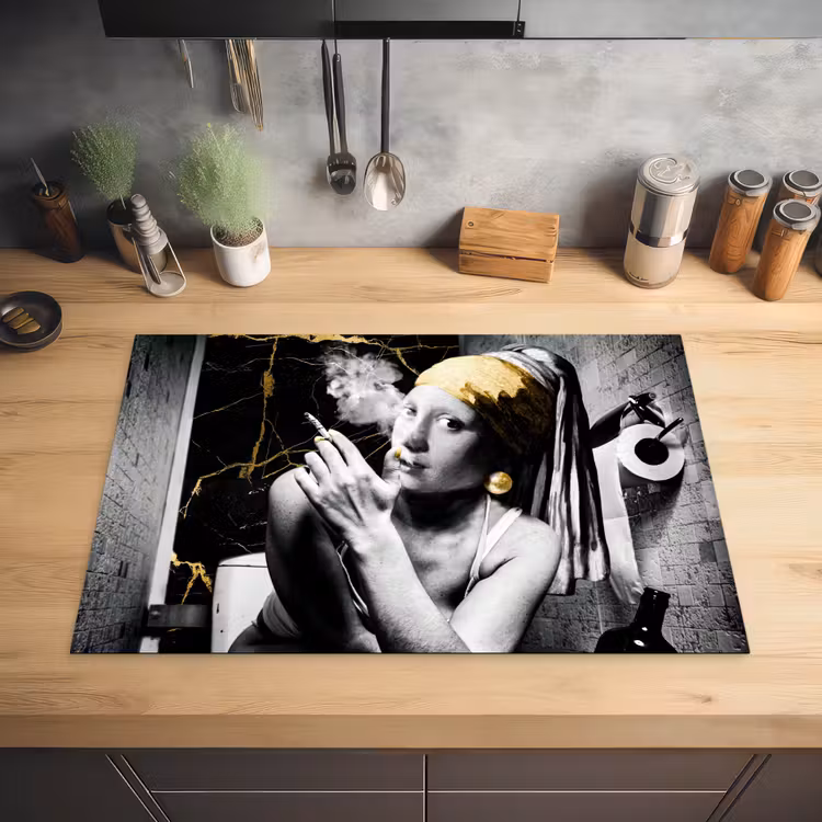 Marmerlook - Meisje met de parel - Sigaretten - Toilet - Goud - Kunst - Oude meesters Inductie beschermer vinyl 3mm klein -sfeer5