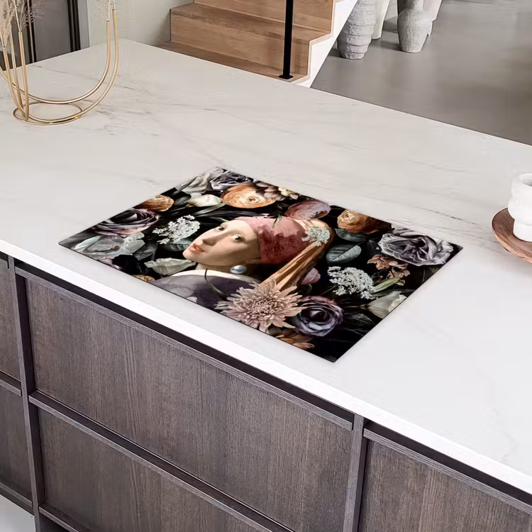 Meisje met de parel - Bloemen - Vermeer - Pastel - Kunstwerk - Schilderij - Oude meesters Inductie beschermer vinyl 3mm klein -sfeer8