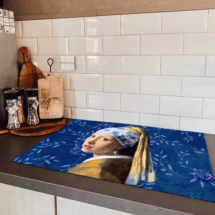 Meisje met de parel - Delfts blauw - Vermeer - Bloemen - Schilderij - Oude meesters Inductie beschermer vinyl 3mm klein -sfeer3