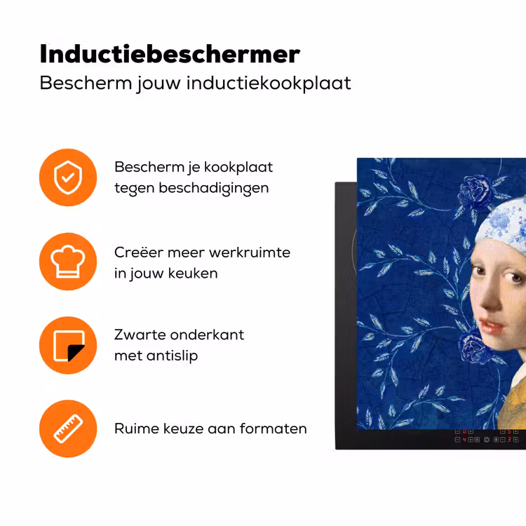 Meisje met de parel - Delfts blauw - Vermeer - Bloemen - Schilderij - Oude meesters Inductie beschermer vinyl 3mm klein -zzzzzzz-td-ups