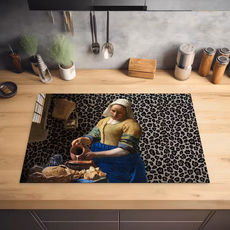 Melkmeisje - Kunst - Panterprint - Vermeer - Schilderij - Oude meesters Inductie beschermer vinyl 3mm klein -sfeer5