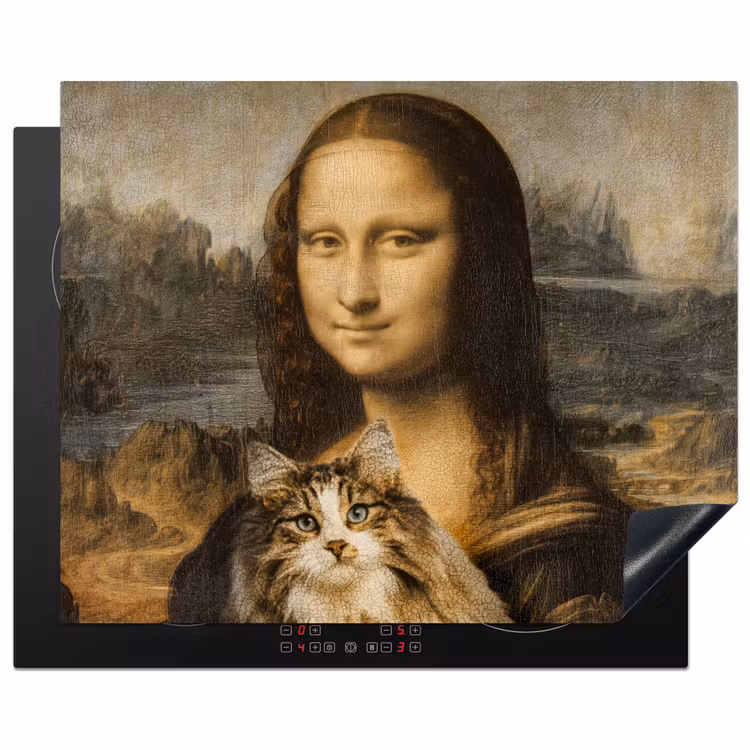 Mona Lisa - Kat - Leonardo da Vinci - Vintage - Kunstwerk - Oude meesters - Schilderij Inductie beschermer vinyl 3mm groot -3d