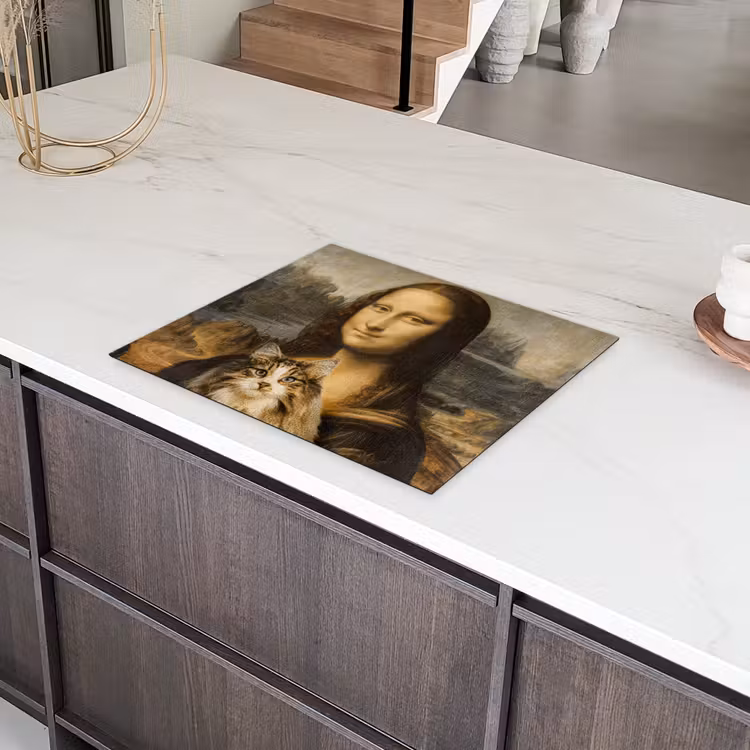Mona Lisa - Kat - Leonardo da Vinci - Vintage - Kunstwerk - Oude meesters - Schilderij Inductie beschermer vinyl 3mm groot -sfeer8