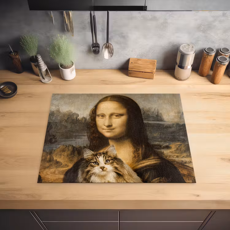 Mona Lisa - Kat - Leonardo da Vinci - Vintage - Kunstwerk - Oude meesters - Schilderij Inductie beschermer vinyl 3mm groot -sfeer5