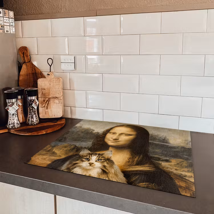 Mona Lisa - Kat - Leonardo da Vinci - Vintage - Kunstwerk - Oude meesters - Schilderij Inductie beschermer vinyl 3mm groot -sfeer3