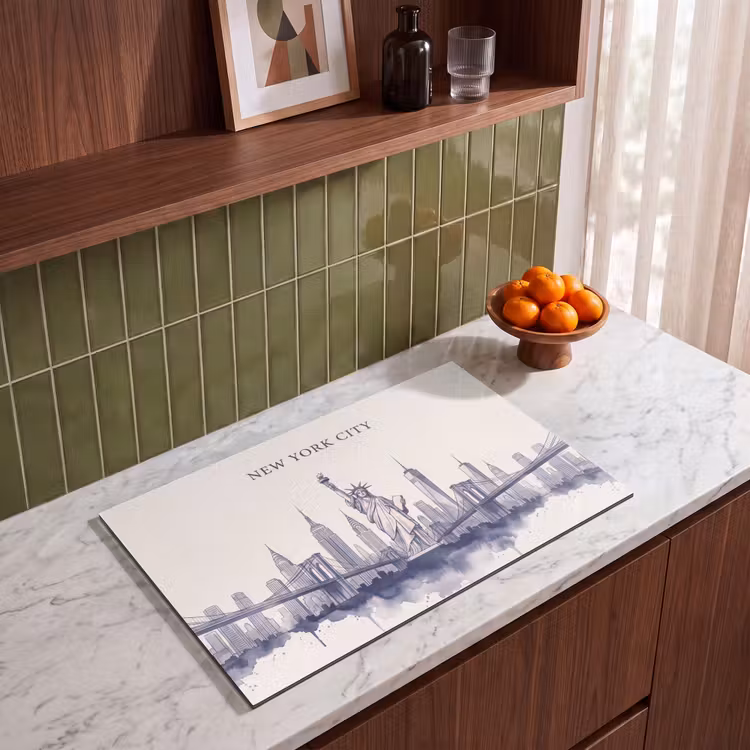 New York - Vrijheidsbeeld - Skyline - Illustratie - Blauw Inductie beschermer vinyl 3mm klein -sfeer8