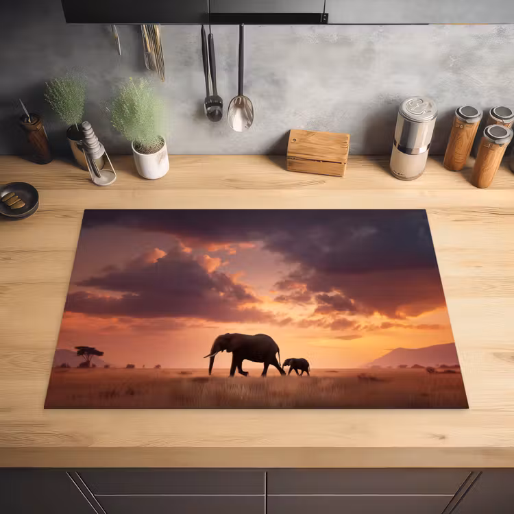 Olifanten - Grasland - Zonsondergang Inductie beschermer vinyl 3mm klein -sfeer5