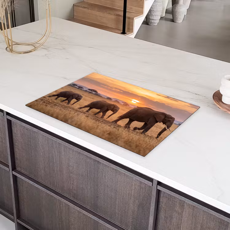 Olifanten - Savanne - Zonsondergang - Afrika - Warm Inductie beschermer vinyl 3mm klein -sfeer8