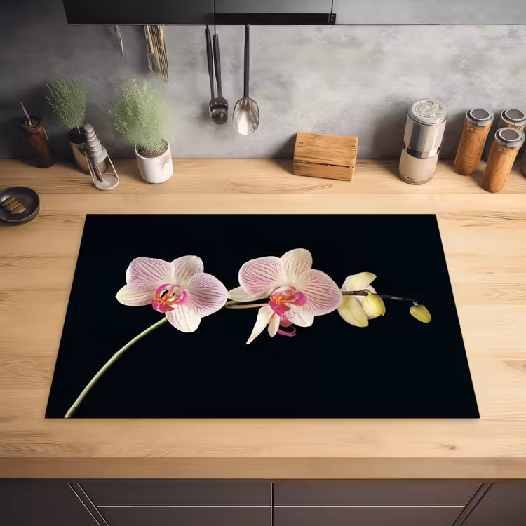 Orchidee - Bloemen - Zwart - Roze - Knoppen Inductie beschermer vinyl 3mm klein -sfeer5