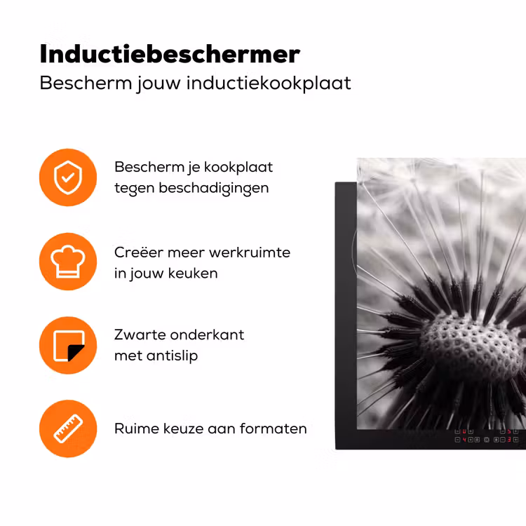Paardenbloem - Zwart - Wit Inductie beschermer vinyl 3mm klein -zzzzzzz-td-ups
