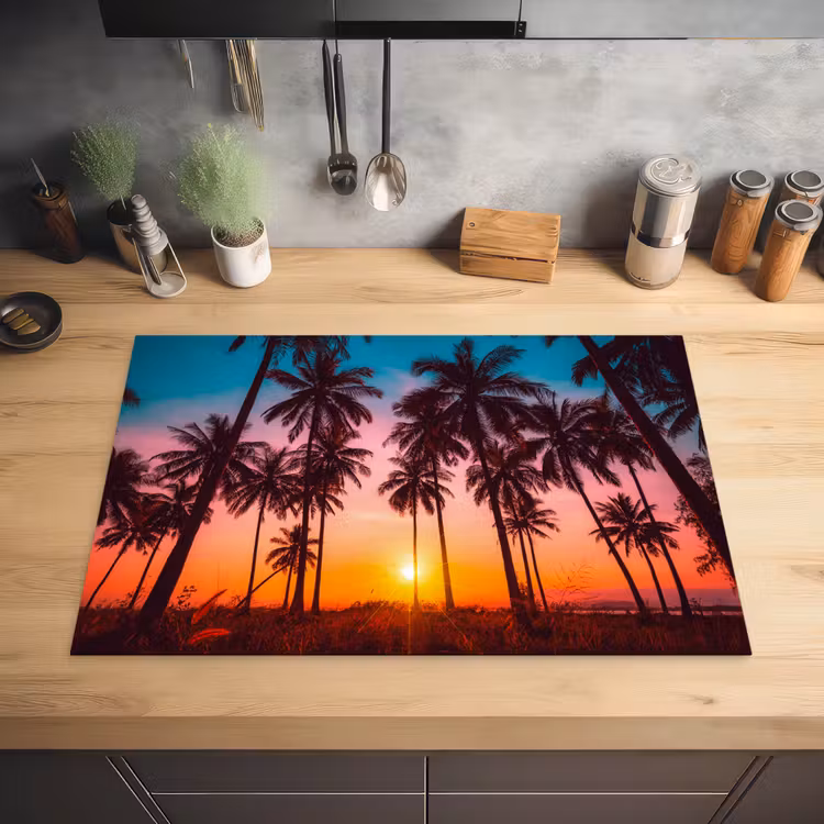 Palmboom - Zonsondergang - Horizon - Strand - Oranje - Roze Inductie beschermer vinyl 3mm klein -sfeer5