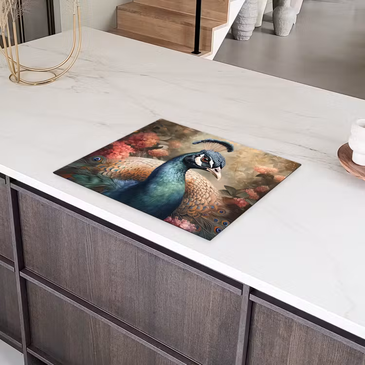 Pauw - Vogel - Bloemen - Planten - Pauwenveren Inductie beschermer vinyl 3mm groot -sfeer8