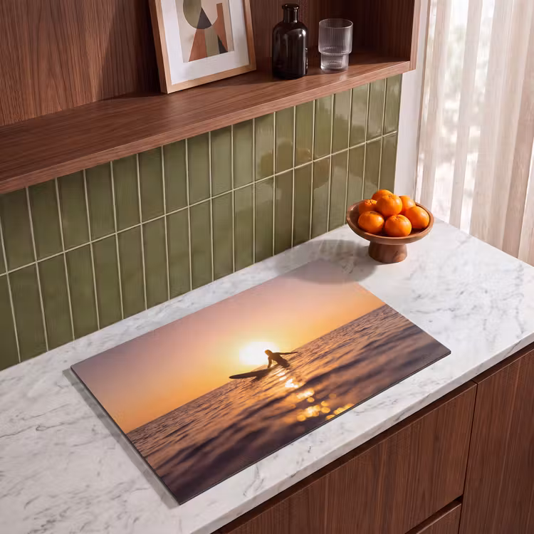 Persoon - Surfen - Zonsondergang - Zee - Oranje Inductie beschermer vinyl 3mm klein -sfeer8