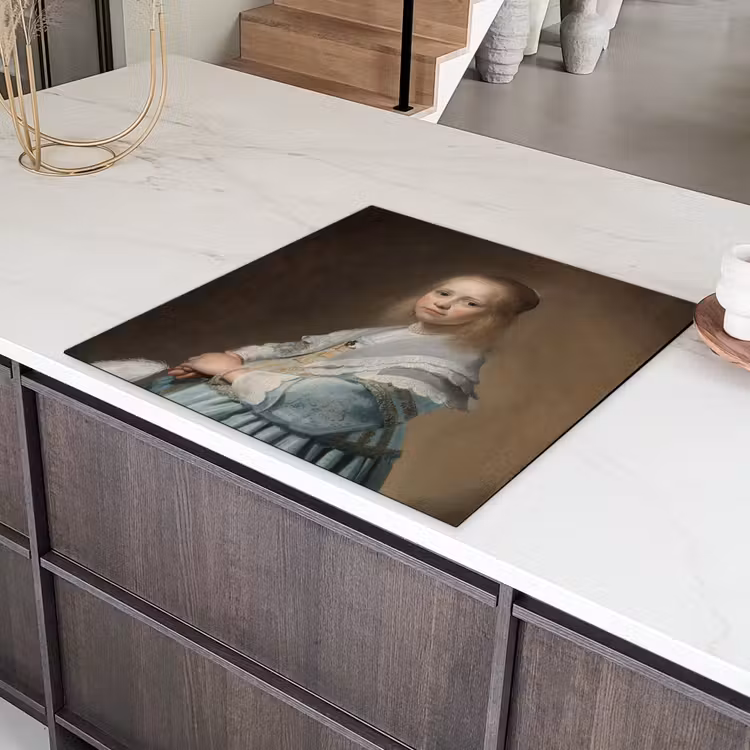 Portret van een meisje in het blauw - Schilderij van Johannes Cornelisz. Verspronck Inductie beschermer vinyl 3mm middel -sfeer8