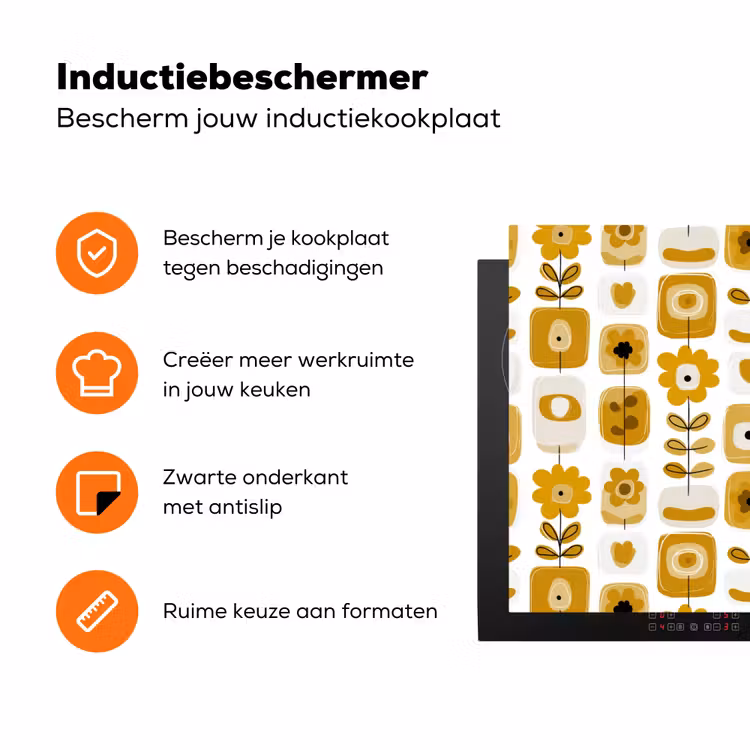 Retro - Abstract - Bloemen - Okergeel Inductie beschermer vinyl 3mm klein 276 -zzzzzzz-td-ups