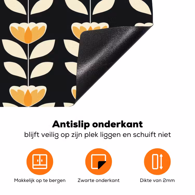 Retro - Bloem - Zwart - Okergeel Inductie beschermer vinyl 3mm klein 276 -zzzzzzz-td-onderkant
