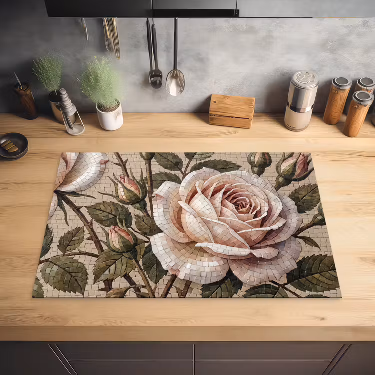 Roos - Mozaïek - Bloemen - Klassiek - Beige Inductie beschermer vinyl 3mm klein -sfeer5