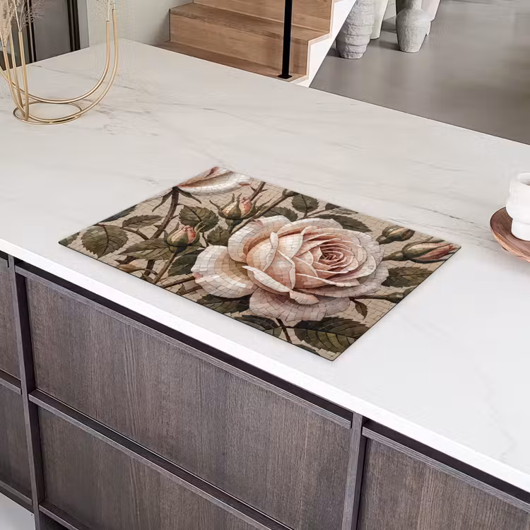 Roos - Mozaïek - Bloemen - Klassiek - Beige Inductie beschermer vinyl 3mm klein -sfeer8