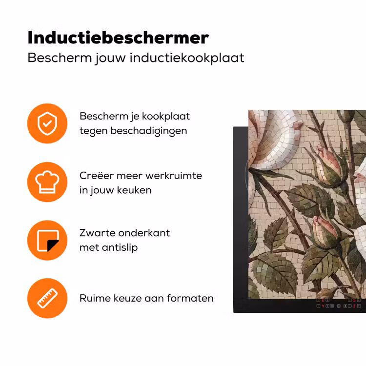 Roos - Mozaïek - Bloemen - Klassiek - Beige Inductie beschermer vinyl 3mm klein -zzzzzzz-td-ups