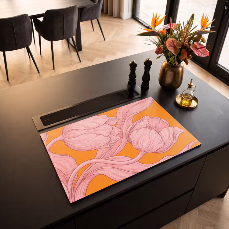 Inductiebeschermer - Roze bloemen - Modern - Roze bloemen - Modern Inductie beschermer vinyl 3mm klein