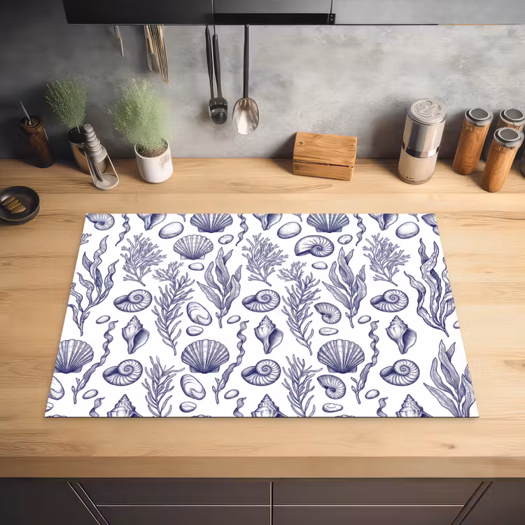 Schelpen - Zeewier - Oceaan - Illustratie - Blauw Inductie beschermer vinyl 3mm klein -sfeer5
