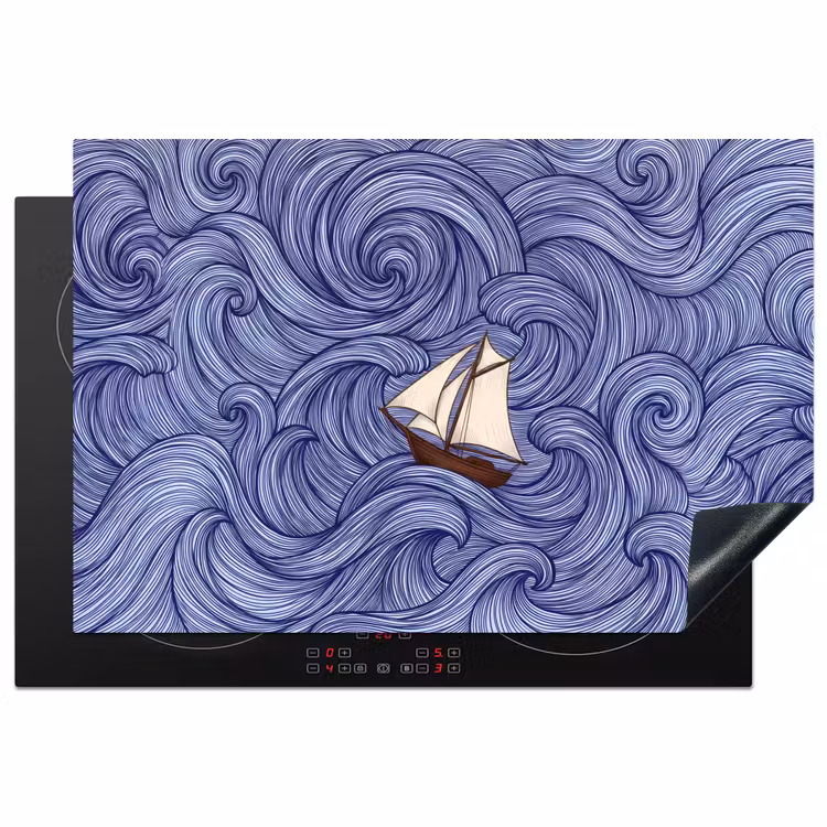 Schip - Golven - Zee - Illustratie - Blauw Inductie beschermer vinyl 3mm klein -3d