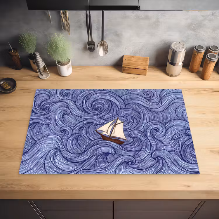 Schip - Golven - Zee - Illustratie - Blauw Inductie beschermer vinyl 3mm klein -sfeer5