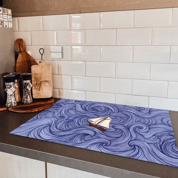 Schip - Golven - Zee - Illustratie - Blauw Inductie beschermer vinyl 3mm klein -sfeer3