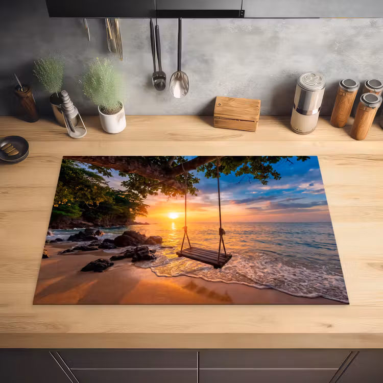 Schommel - Strand - Zonsondergang - Natuur - Oranje Inductie beschermer vinyl 3mm klein -sfeer5