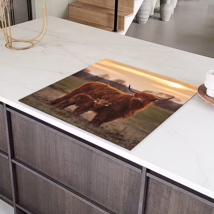 Schotse hooglander - Dieren - Landschap - Zonsondergang - Koe Inductie beschermer vinyl 3mm middel -sfeer8