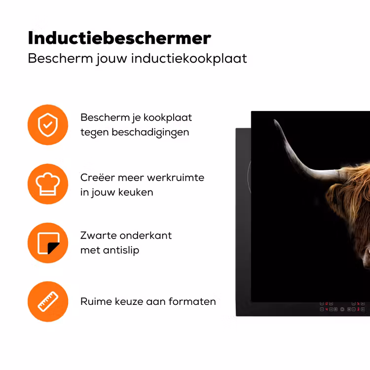 Schotse Hooglander - Horens - Zwart - Dieren - Natuur - Wild - Koe Inductie beschermer vinyl 3mm klein -zzzzzzz-td-ups