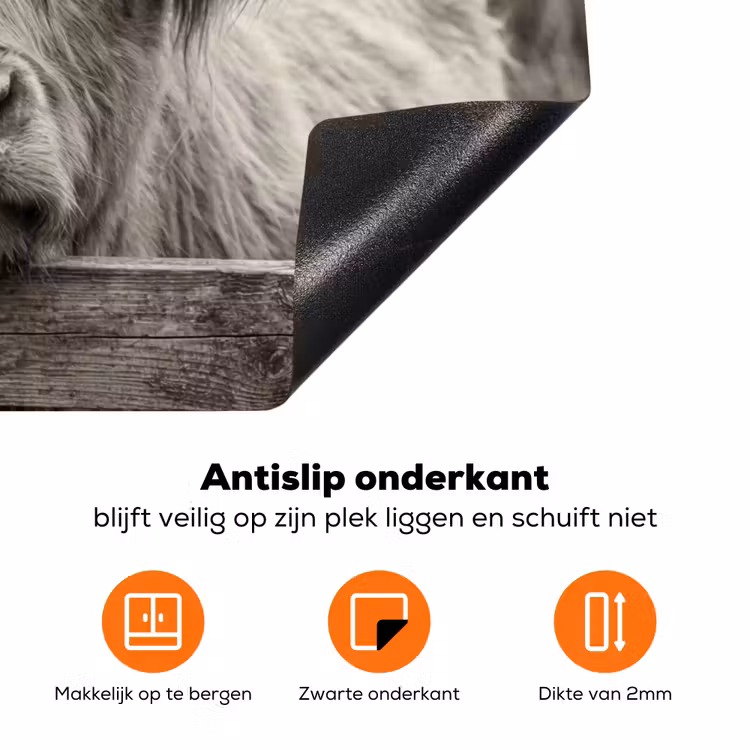 Schotse hooglander - Zwart - Wit - Hout Inductie beschermer vinyl 3mm klein -zzzzzzz-td-onderkant