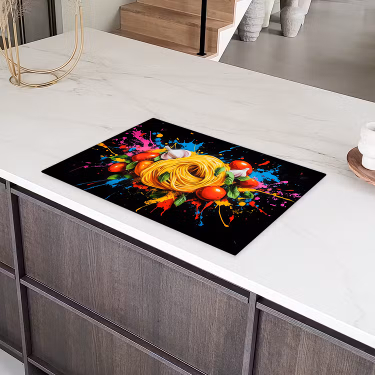 Spaghetti - Graffiti - Verf - Kleurrijk - Eten - Modern Inductie beschermer vinyl 3mm klein -sfeer8