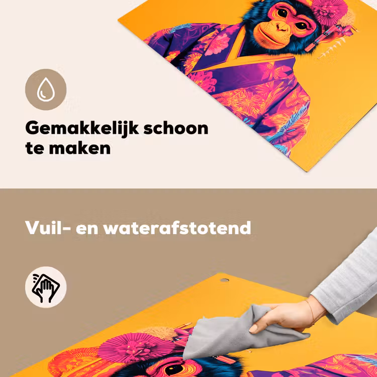 Aap - Kimono - Bloemen - Hoofdtooi Inductie beschemer met haakjes klein -ky-schoon-nl
