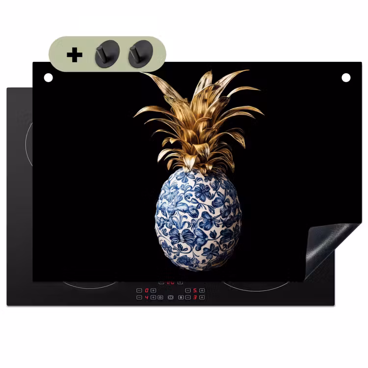 Ananas - Bloemen patroon - Goud - Delftsblauw Inductie beschemer met haakjes klein -3d