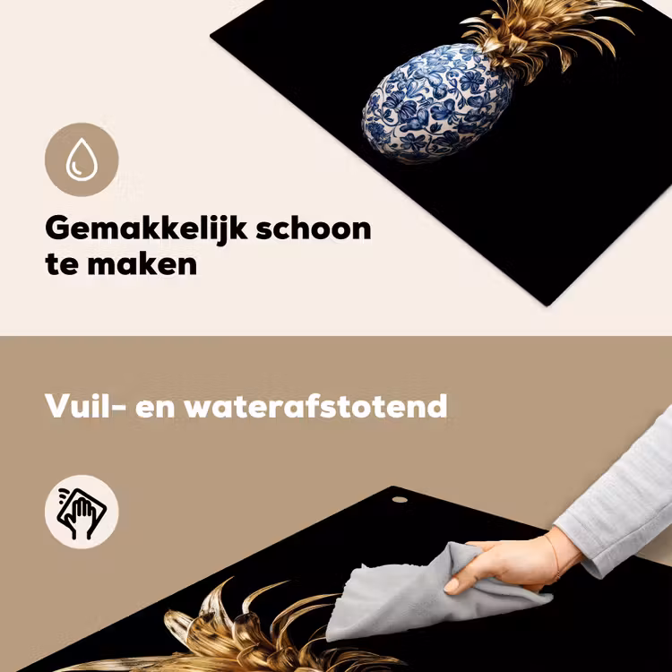 Ananas - Bloemen patroon - Goud - Delftsblauw Inductie beschemer met haakjes klein -ky-schoon-nl