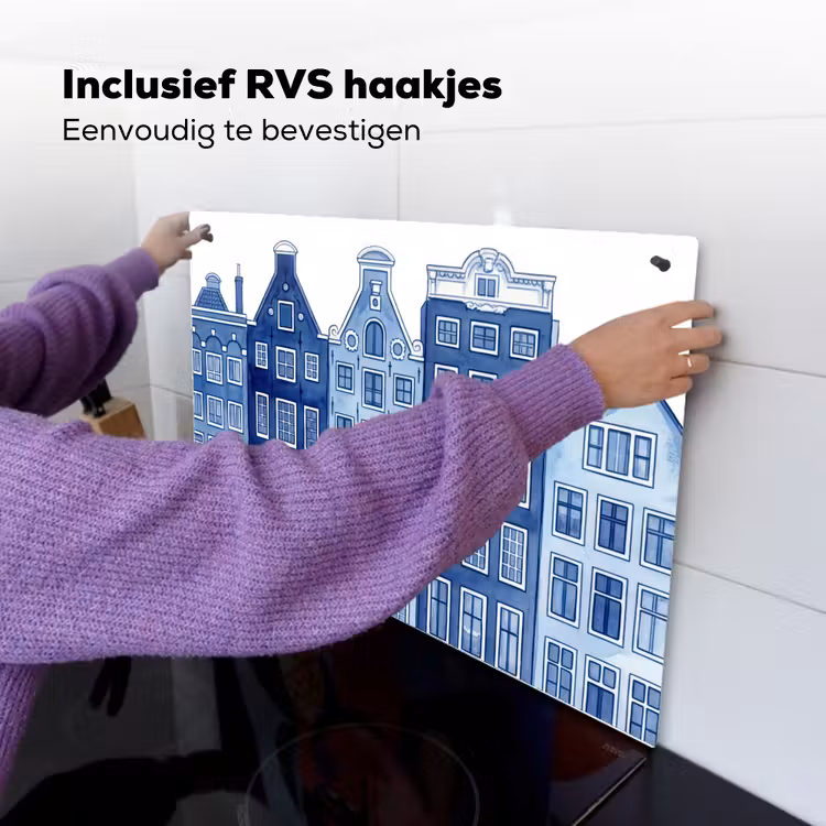 Aquarel - Grachtenpanden - Delfts - Blauw Inductie beschemer met haakjes klein -ky-ophangen-nl