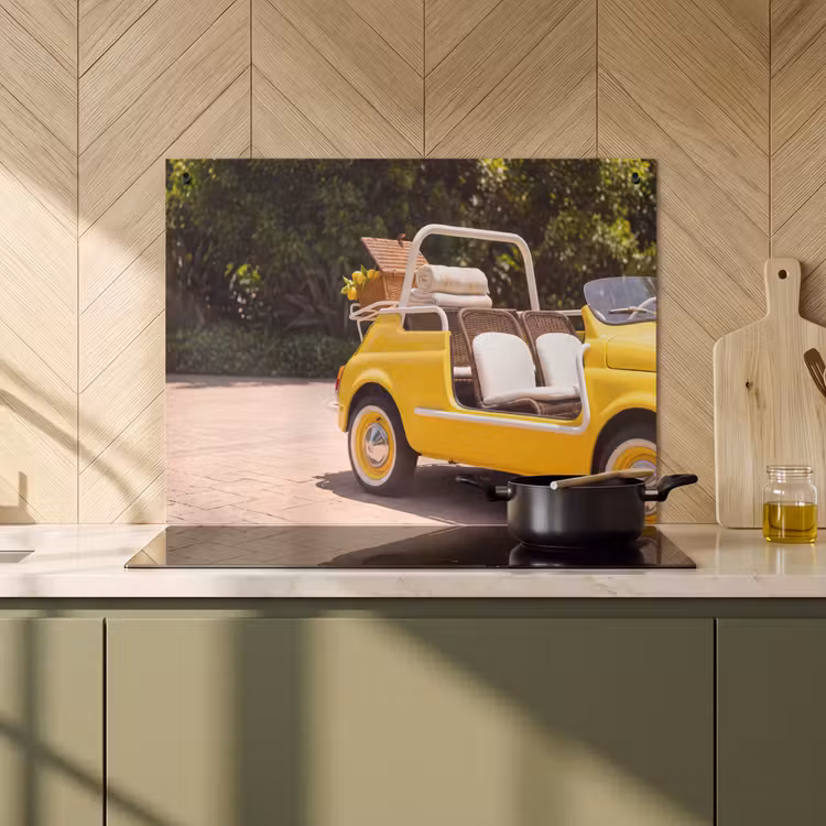 Auto - Picknick - Zomer - Geel Inductie beschemer met haakjes klein -sfeer2