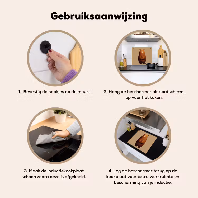 Beer - Minimalistisch - Bruin Inductie beschemer met haakjes middel -ky-gebruik-nl