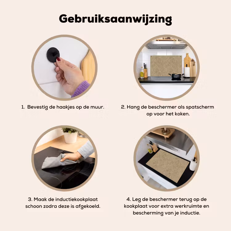 Beige - Marmer - Witte aders Inductie beschemer met haakjes klein 777 -ky-gebruik-nl