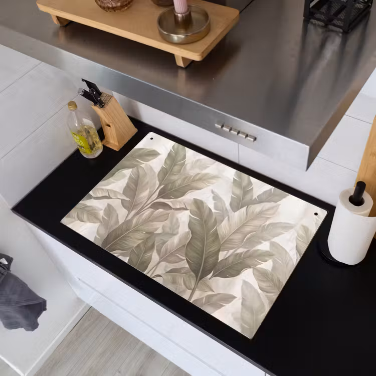 Bladeren - Tropisch - Natuur - Abstract - Beige Inductie beschemer met haakjes klein -sfeer1